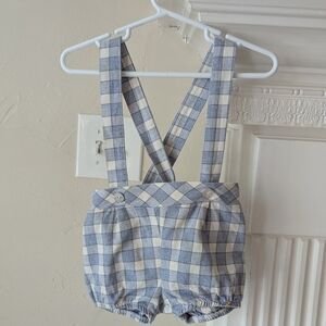 Plaid Blue and Cream Suspender Baby Shorts
